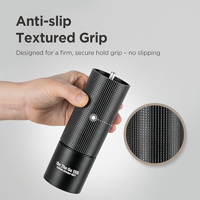 On The Go 135 Manual Coffee Grinder - Stainless Steel Conical Burr with Adjustable Setting, Double Bearing - Max Capacity 0.88oz, Hand Grinder for Home, Travel and Camping, and Gift