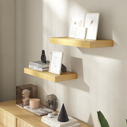 20 Inch Floating Shelves for Wall, 8 Inch Deep Floating Shelf for Storage & Display, Rustic Wall Mounted Shelf with Invisible Brackets for Living Room, Kitchen, Bathroom, Home Decor, Set of 2, Oak