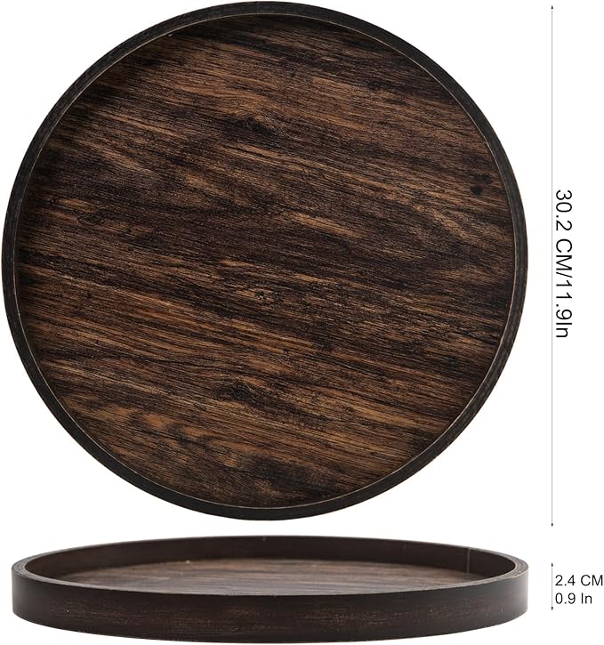 Rustic Round Wood Decorative Coffee Table Tray Farmhouse Decor with Wood Texture Boho Ottoman Serving Tray for Kitchen Counter Home (Dark Brown)