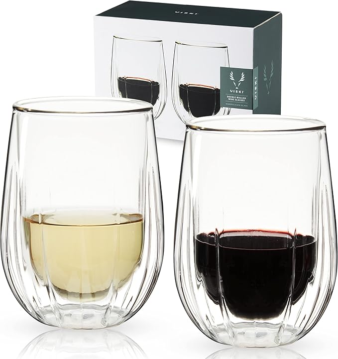 Viski Insulated Double Walled Stemless Wine Glasses, Drinking Glass with Cut Crystal Design, Home Bar Accessories, Glassware, 13 oz, Set of 2, Clear