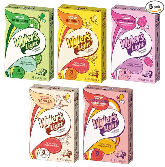 Wyler's Light Variety Pack of 5 - One Box of Each Flavor - Cotton Candy, Peach Ring, Banana, Vanilla, and Kiwi Lime - Powdered Drink Mix