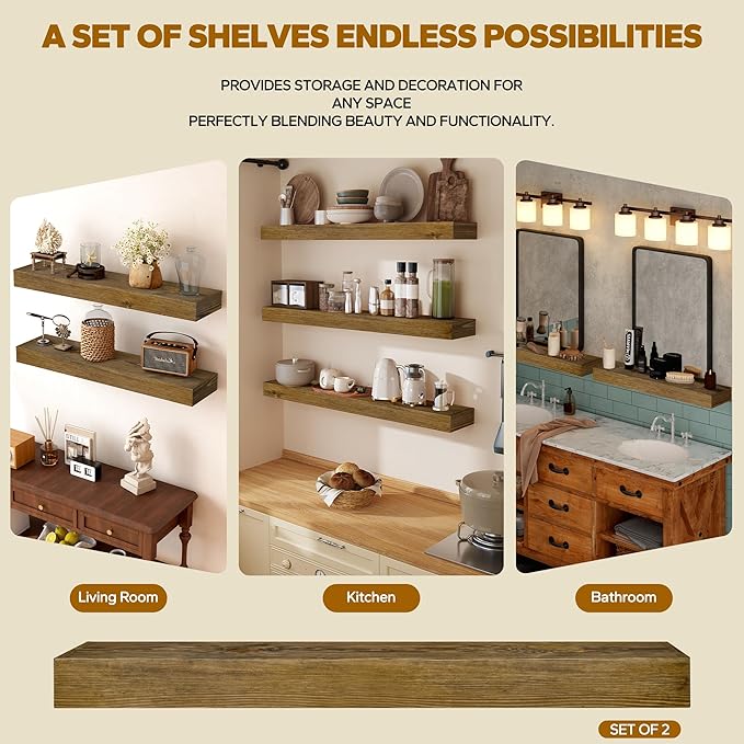 Floating Shelves 24 inch for Wall Set of 2,3 inch Thick Pine Wood Wall Mount Shelf for Kitchen Living Room Bedroom Bathroom,8" D x 24" L x 3" H-Dark Walnut