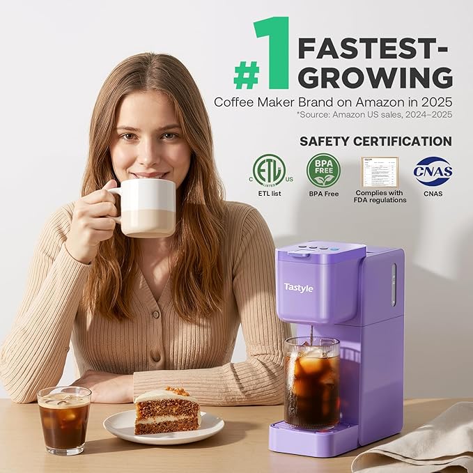 Single Serve Coffee Maker Hot and Iced with Bold Brew, Small Coffee Machine for K Cup and Ground, Fits 7.3'' Travel Mug, Brews up to 16 Oz, 5 Cup Sizes, Compact for Office, RV& Hotel, Lavender