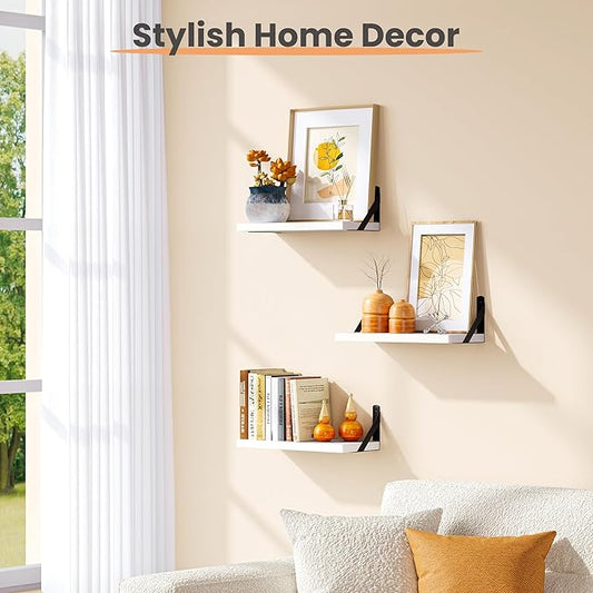 upsimples Floating Book Shelves for Wall, 15.7 Inches Wood Shelves for Living Room, Bathroom, Bedroom, Kitchen Storage and Decoration, White
