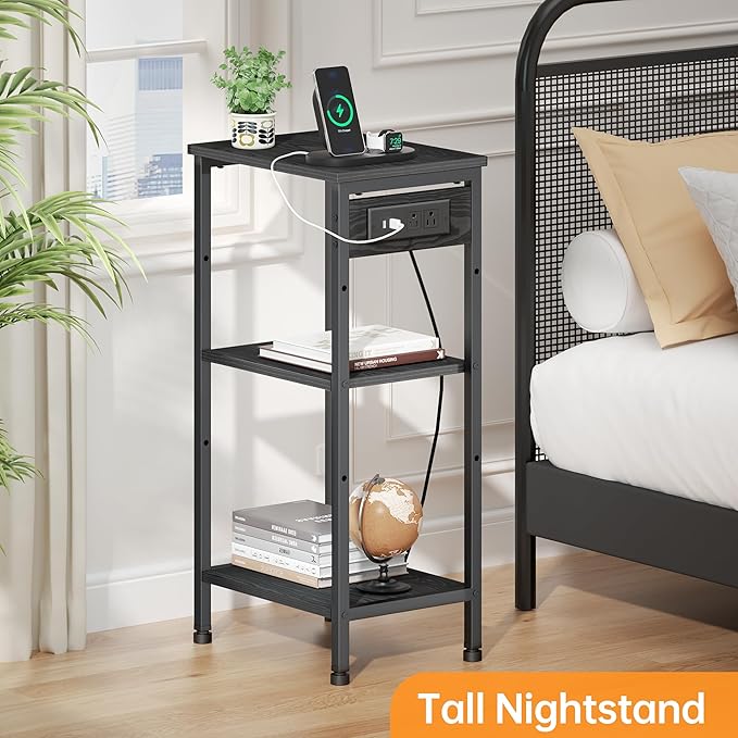 Tall Nightstand with Charging Station, 3 Tier Narrow Tall End Table with Storage, Slim Side Table with USB Ports and Outlets for Bedroom, Living Room, Office, Black