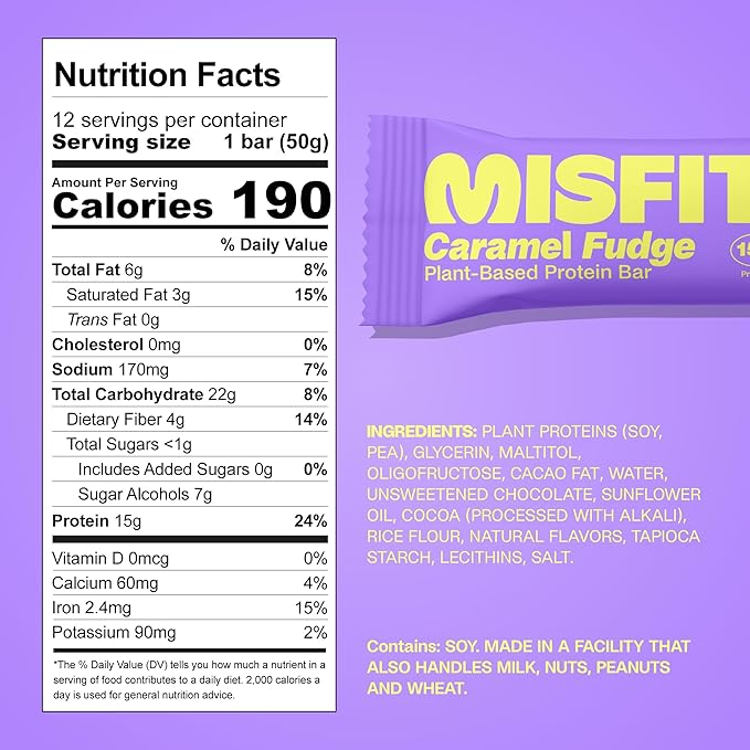 Misfits Vegan Protein Bars - Sweet Caramel Fudge | Nutrition Bars - 15g Protein, 1g Sugar, Plant-based, Low Carb, Non-GMO, Gluten Free Snacks | Pack of 12