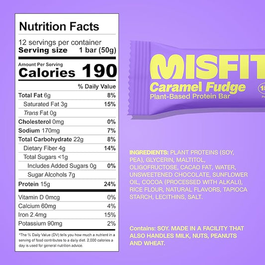 Misfits Vegan Protein Bars - Sweet Caramel Fudge | Nutrition Bars - 15g Protein, 1g Sugar, Plant-based, Low Carb, Non-GMO, Gluten Free Snacks | Pack of 12
