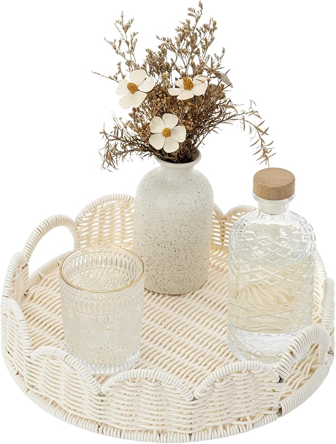 GRANNY SAYS Wicker Decorative Scalloped Trays for Home Decor, Coffee Table Trays with Handles, Woven Rattan Tray for Kitchen Counter, Round Serving Tray Decor for Living Room and Ottoman, White