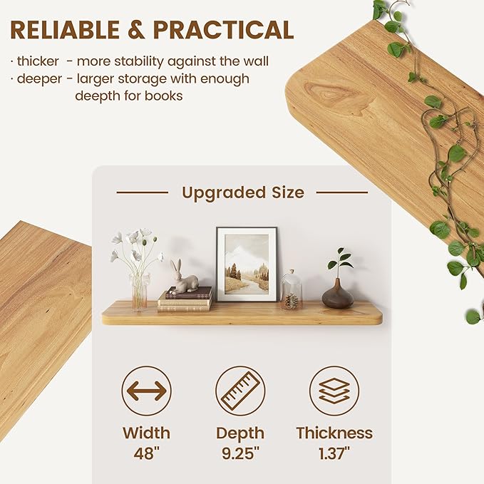 Reclaimed Elm Wood Floating Shelves for Wall Round Edge, 48"W x 9.2"D x 1.37"H, Set of 1 with Invisible Bracket, Wall Mounted Shelves for Living Room Bedroom Kitchen Bathroom Decor, Natural Finish