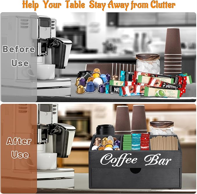Coffee Bar Organizer Countertop, Wooden Bar Accessories With Drawer, Coffee Station Organizer Pods Holder Storage Basket, Farmhouse Tea Condiment Station