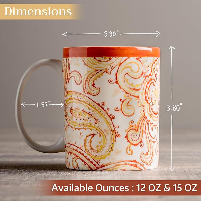 Maison d' Hermine Coffee Mug with Handles Fine Bone China Mugs Pack of One Tea Cups for Hot Beverages Cappuccino Latte Home Office Perfect for Gift (Palatial Paisley - Paisley Autumn, 15 Ounce)