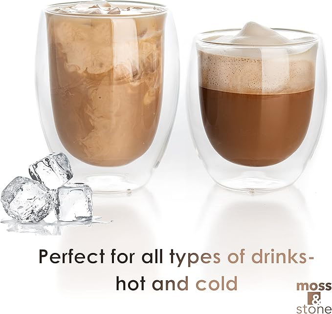 Moss & Stone Set of 3 Double Wall Glass Cup Clear Mug, Double Walled Coffee Mugs, Glass Tea Mugs, Insulated Coffee Mug Egg Shape.