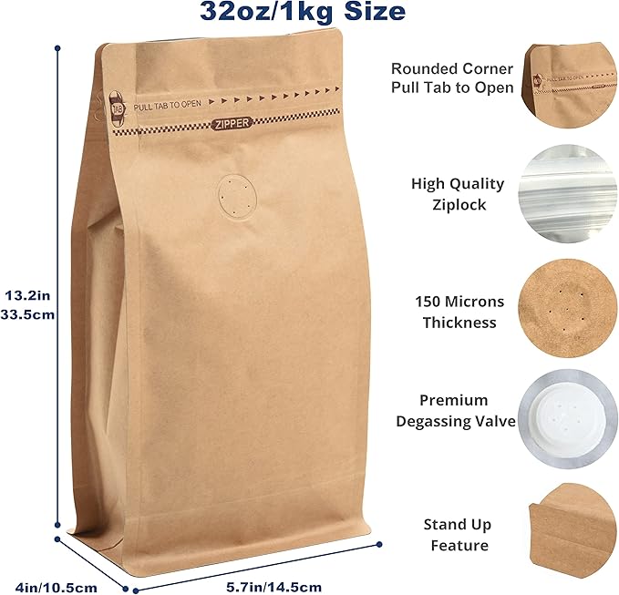 50 Count 32 Ounces/1Kg Kraft Paper Coffee Bags - High Barrier Kraft & Foil Liner - Flat Bottom Coffee Pouches with Degassing Valve, Food Storage Bags with Rsealable Zipper & Easy Open Tape (50pcs, 32oz/1kg)