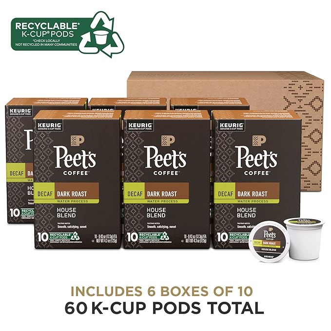 Peet's Coffee, Dark Roast Decaf Keurig K-Cup Pods, Decaffeinated Arabica Coffee - Decaf House Blend 60 Count (6 Boxes of 10 K-Cup Pods)