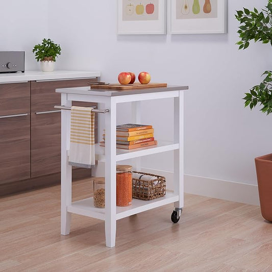 TRINITY 3-Tier Mobile Kitchen Island Storage Cart with Stainless Steel Top, 31.4" x 18" x 35", White
