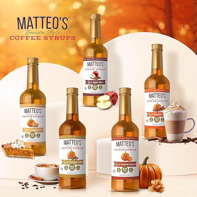 Matteo's Pumpkin Latte Syrup for Coffee, Lattes, Cappuccinos & Desserts – Sugar-Free Sweetener for Beverages, Keto Friendly, Zero Calories, Indulgent Flavor, Non-Alcoholic, 33.8oz (6pk)