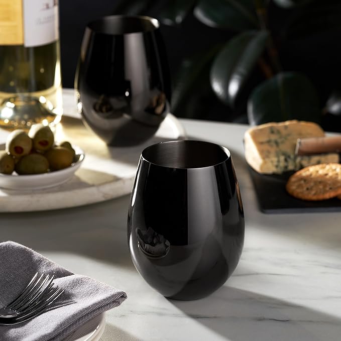 Viski Gunmetal Stainless Steel Wine Glasses, Modern Wine Tumblers, Elegant Drinking Glasses for Red and White Wines, Wedding Gifts, Holiday, Birthday Party, Home Bar, Drinkware Set of 2, 18 oz, Black
