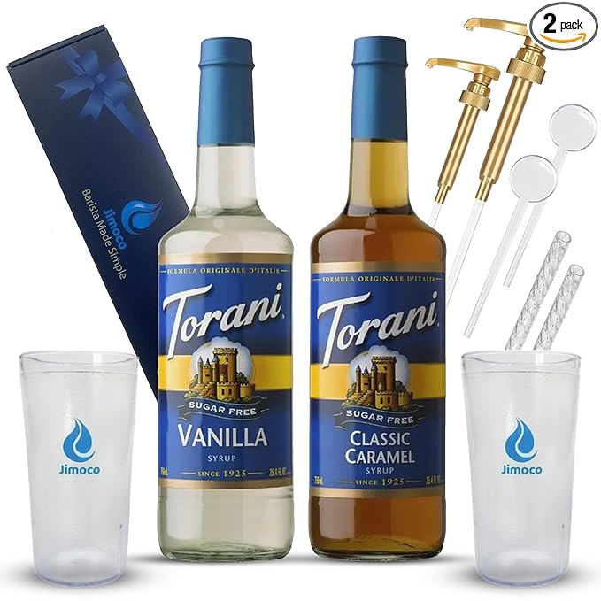 Jimoco Barista Set – Torani Sugar Free Vanilla & Caramel Classic Syrups (25.4 oz Each) with 2 Jimoco Syrup Pumps, Reusable Cups, Straws & Stirrers – Coffee, Italian Soda & Cocktail Flavoring Kit
