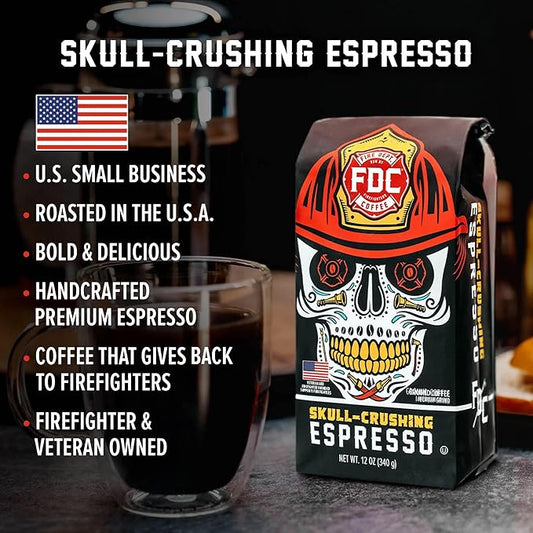 Fire Department Coffee Skull-Crushing Espresso Dark Roast Ground Coffee - 12 oz (2 Pack) - Gives Back to Firefighters - Roasted in the USA - Veteran Owned