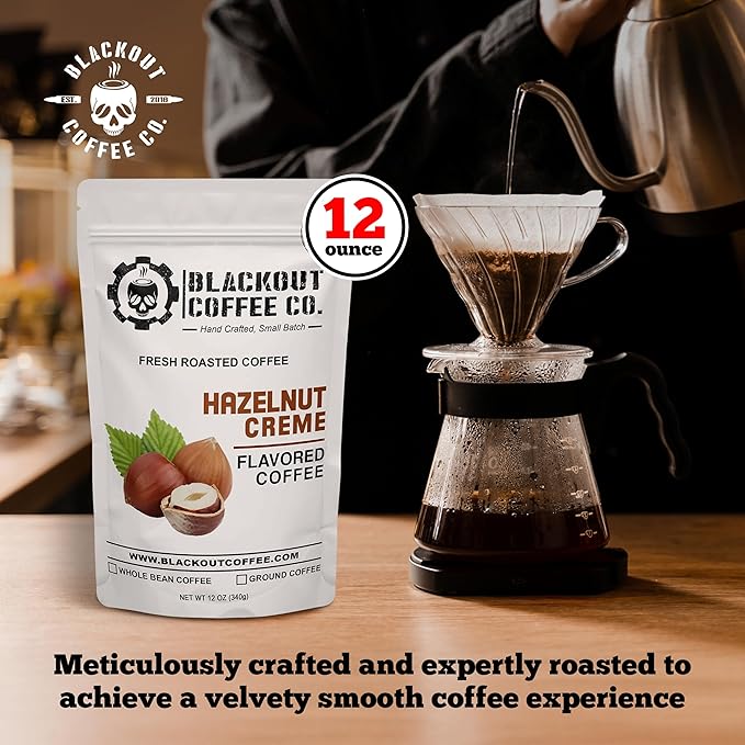 Blackout Coffee Hazelnut Creme Flavored Ground Coffee – Medium Roast, Smooth Taste, Guilt-Free Indulgence – Freshly Roasted 12oz Bag.