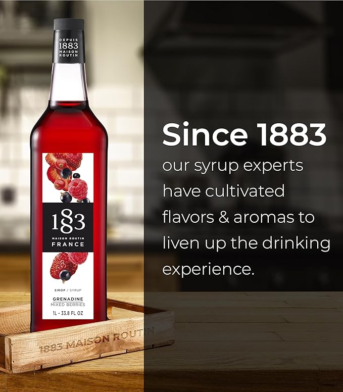 1883 Grenadine Mixed Berries Syrup for Drinks, Made in France, 1 Liter Glass Bottle