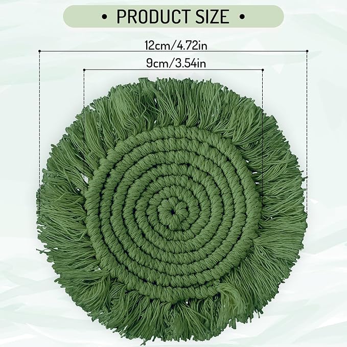 Whaline 4Pcs Boho Macrame Coasters Green Handmade Woven Drink Coasters Farmhouse Rustic Cup Mat Pad for Home Kitchen Office Table Desk Housewarming Gift Party Table Decor