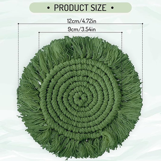 Whaline 4Pcs Boho Macrame Coasters Green Handmade Woven Drink Coasters Farmhouse Rustic Cup Mat Pad for Home Kitchen Office Table Desk Housewarming Gift Party Table Decor