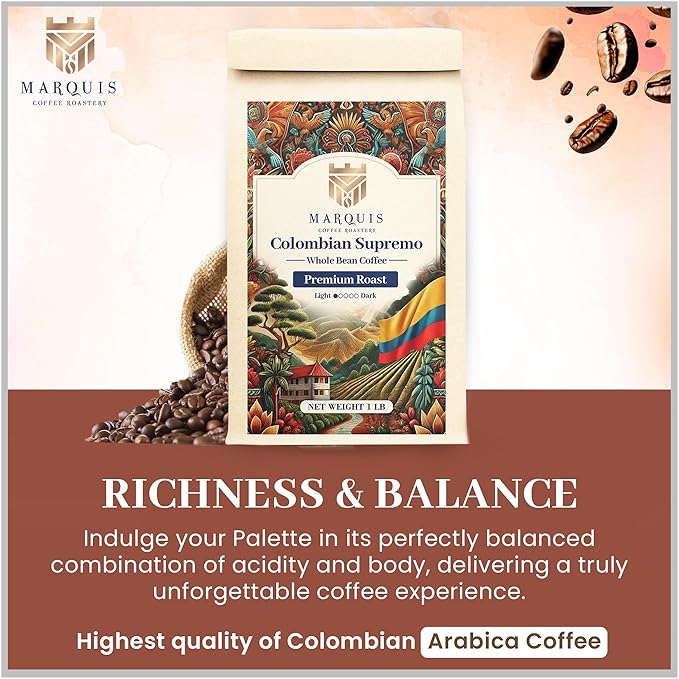Marquis - Colombian Supremo Coffee Beans, Rich and Bold, Fresh Coffee with a Heady Aroma, Premium Light Roast Colombian Whole Beans, 1 lb