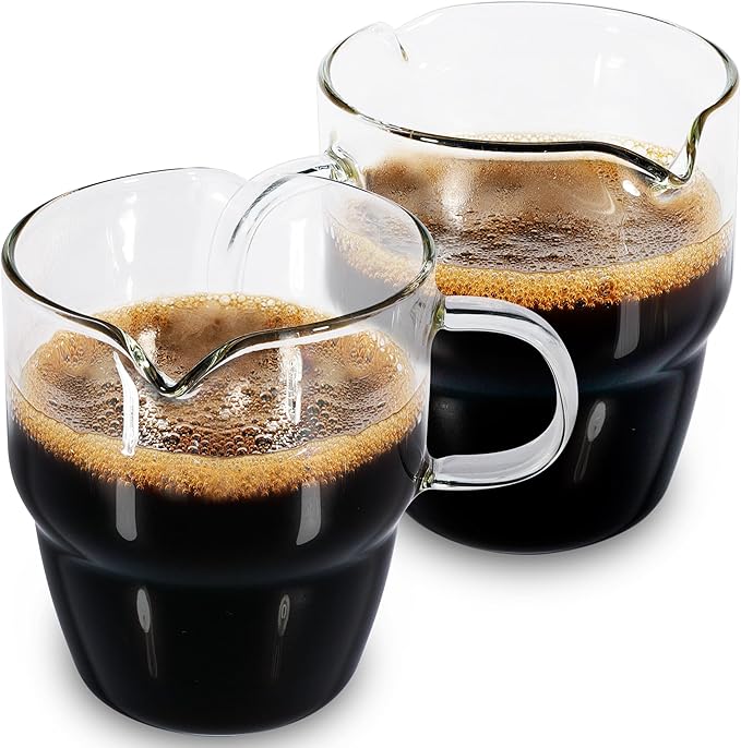 6 OZ Espresso Cups Set of 2, Stackable Double Spouts Espresso Shot Glass, Heat Resistant Espresso Measuring Cup with Handle, Coffee Bar Accessories