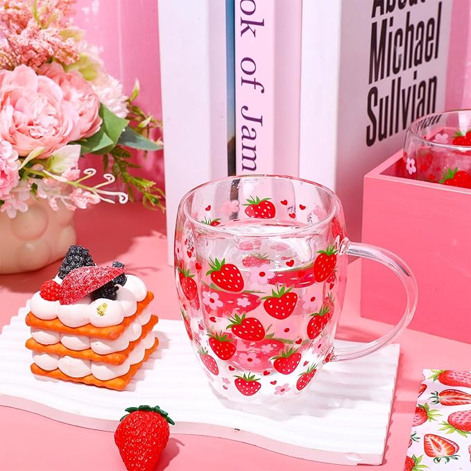 JarThenaAMCS Strawberry Double Wall Glass Coffee Mugs 12Oz Sweet Berry Flower Insulated Glasses Clear Espresso Cups with Handle for Home Holiday Supplies, Set of 2