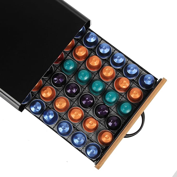 Flagship Coffee Pod Holder for Nespresso Originalline Capsule Holder Drawer Pod Storage Drawer 60 Capacity, Black Metal & Bamboo Coffee Drawer