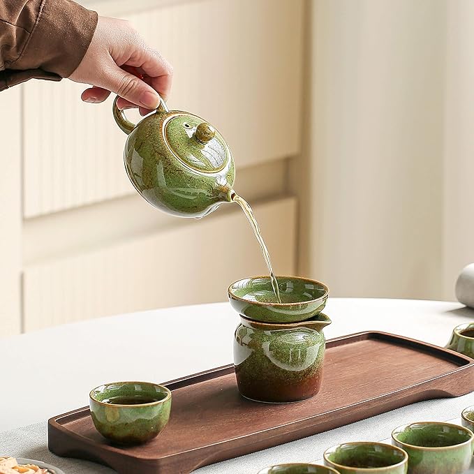 Chinese Tea Set, 10-Piece Ceramic Set with Teapot and Cups, Gongfu Tea Set,Tea Gift Sets,Outdoor and Office (Kiln-Changed Green)
