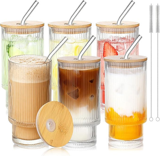 16oz Glass Cups with Lids & Straws - Reusable Iced Coffee Tumblers, Trendy Ribbed Design & Stackable for Iced Coffee/Cold Brew, Perfect for Home/Office by Coffee Lovers & Commuters (16OZ-6PACK)