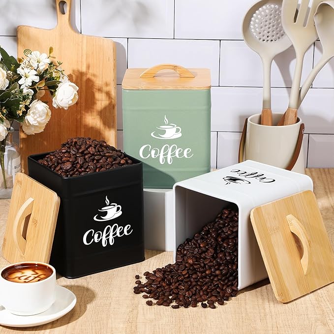 Maxdot 40 oz Black Airtight Coffee Canister Large Iron Farmhouse Container with Wooden Bamboo Lid Tea Storage Kitchen Countertop Container for Coffee Grounds Beans Pods