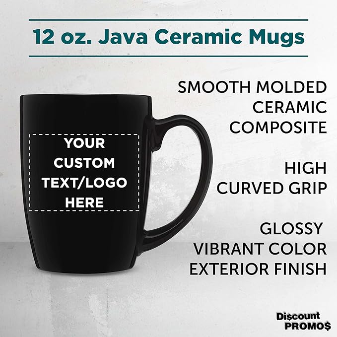 DISCOUNT PROMOS Custom Curved Java Coffee Mug 12 oz. Set of 10/50/100 - Personalized Bulk Pack - Stoneware Restaurant Cups - Black