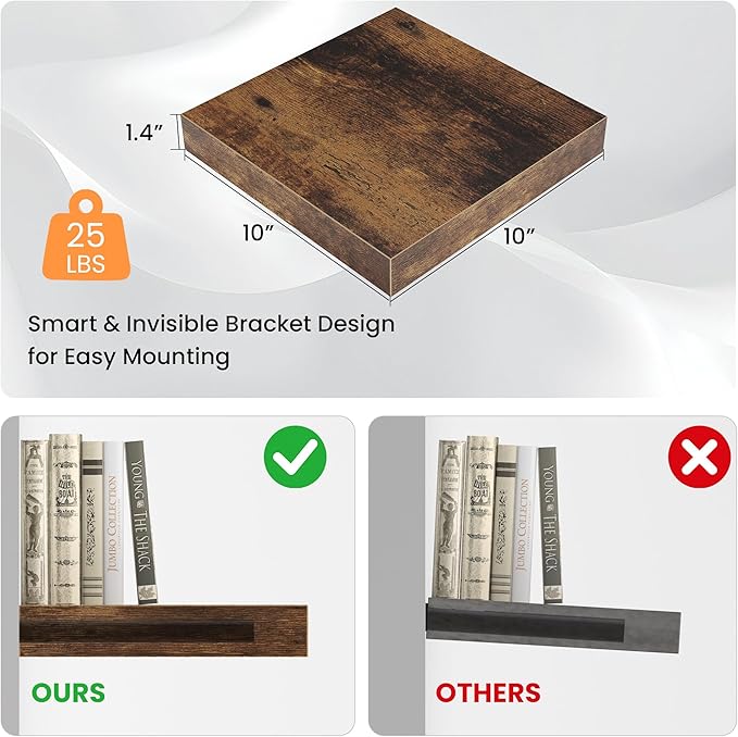 Square Floating Shelves for Wall, 10"W x 10"D x 1.4"H, Small Wooden Wall Mounted Display Shelf with Invisible Brackets for Living Room, Bedroom, Bathroom, Kitchen Decor, Set of 4, Rustic Brown