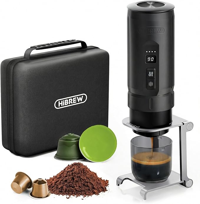 HIBREW H4C Explorer - Portable Electric Espresso Maker, USB-C Rechargeable for Coffee Pods & Ground Coffee, Compact for Home and Travel, with Foldable Holder & Carrying Case (Black)