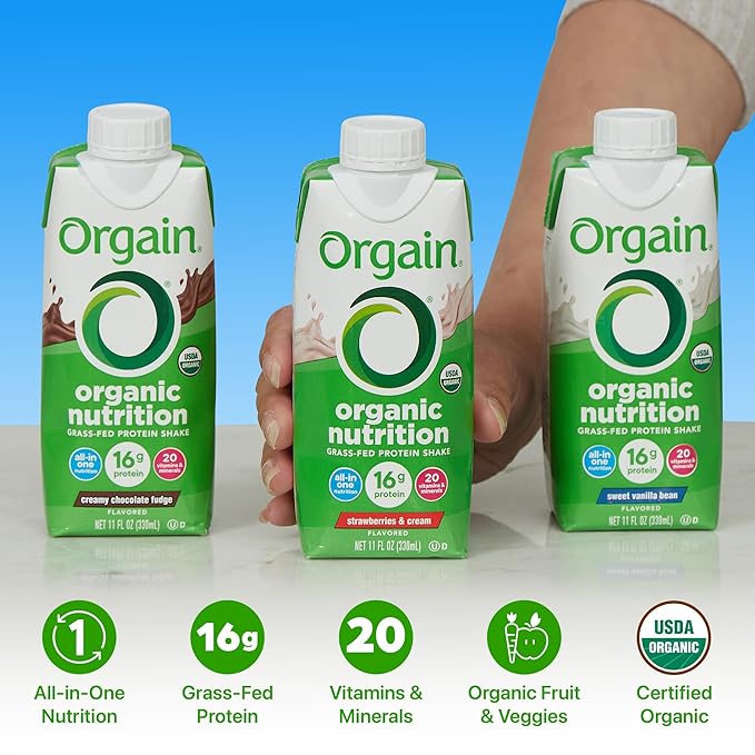 Orgain Organic Nutritional Protein Shake, 16g Grass Fed Whey Protein, Meal Replacement, 20 Vitamins & Minerals, Fruits & Vegetables, Variety Pack, Chocolate, Vanilla, Strawberry, 11 Fl Oz (12 Pack)