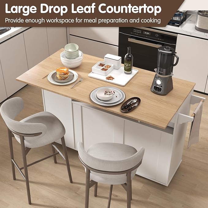 Rolling Kitchen Island Cart on Wheels,59" Mobile Island Carts with Folding Drop Leaf & 2 Storage Cabinet,Portable Prep Table with Drawer & Trash Storage Cabinet for Kitchen,White