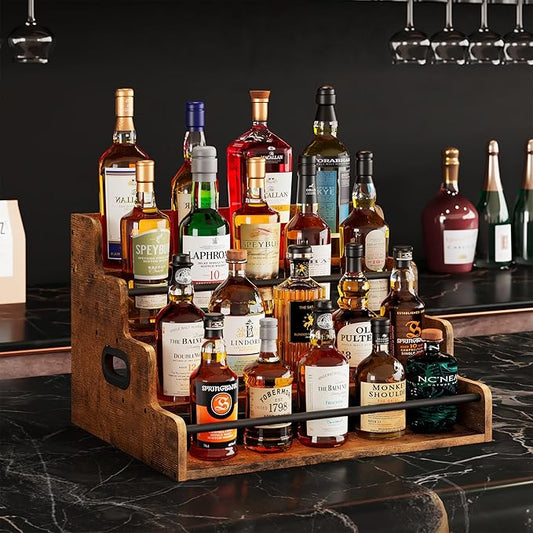 LIVELYGLOW 19.6”W x 15.74" D x 12.5" H Inches Versatile 4-Step Coffee Syrup & Water Bottle Organizer Rack Multi-Functional Retro Display Shelf for Kitchen or Bar, Holds Liquor & Spirits, Wooden