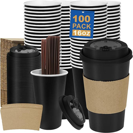 Coolcap 16 oz 100 Pack Coffee Cups with Lids and Sleeves, Straws, Hot Disposable To Go Travel Paper Cups Bulk for Office, Home Coffee Bar Accessories, Chocolate, Cocoa, Beverage (Black)