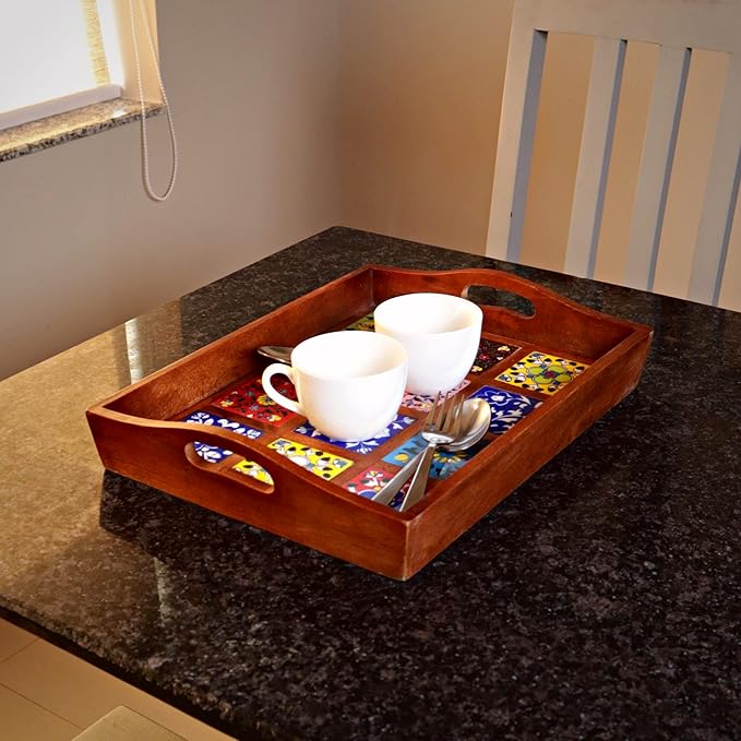 Craft Trade Mango Wood Serving Tray with Handle and 12 Fitted Floral Ceramic Tiles Wooden Platters Perfect for Breakfast Tea Coffee Snacks Dinner 38x30x8 cm Rectangle