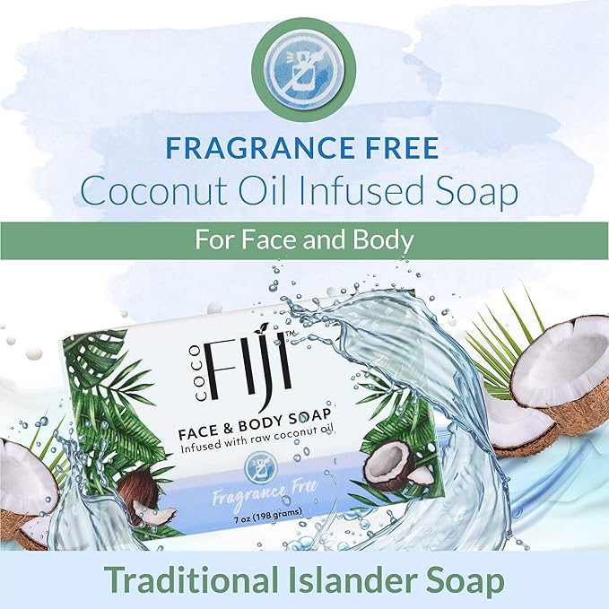 Coco Fiji Soap Bar for Face and Body Infused With Organic Coconut Oil, Fragrance Free, Essential Oil, Natural Soap for Moisturizing & Pore Purifying Skin, 7 oz,Pack of 12