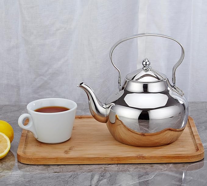 68oz Stainless Steel Teapot with Removable Filter, Portable Coffee Pot for Loose Leaf Tea Bags, Metal Gooseneck Kettle, 2 Liter Hot Water Kettle Boiling Pot, Silver