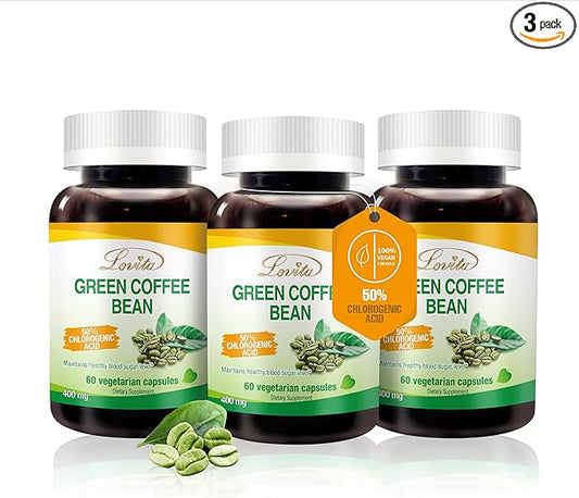 Lovita Green Coffee Bean Extract, 50% Chlorogenic Acid for Metabolism, Energy & Weight Management, 800 mg per Day, Vegan, Non-GMO, Gluten-Free, Natural Antioxidant Supplement, 180 Capsules