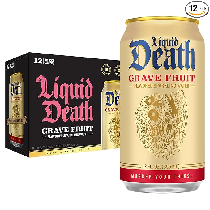 Liquid Death Soda-Flavored Sparkling Water - Grave Fruit (Grapefruit Flavor), Less Sugar*, Huge Flavor, No Caffeine, No Artificial Sweeteners, 12 Fl Oz (Pack of 12)