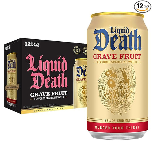 Liquid Death Soda-Flavored Sparkling Water - Grave Fruit (Grapefruit Flavor), Less Sugar*, Huge Flavor, No Caffeine, No Artificial Sweeteners, 12 Fl Oz (Pack of 12)
