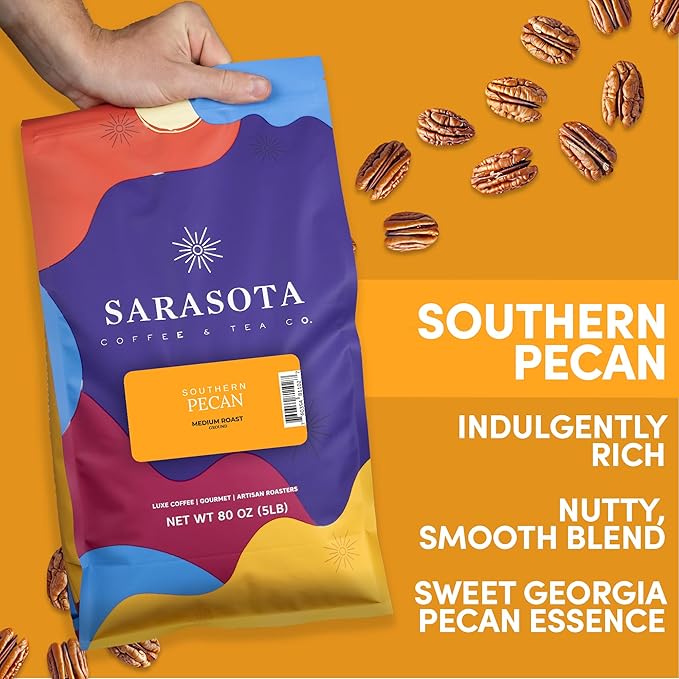 Sarasota Coffee Ground Southern Texas Butter Pecan | Medium Roast Gourmet Flavored Coffee Grounds | Low Acid, Mold Free, Specialty Grade Flavored Bulk Ground Coffee | 5lb (80 oz)