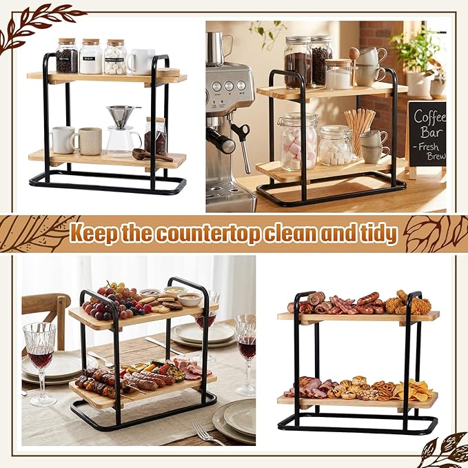 Bokon Coffee Station Organizer 2 Tier Wooden Serving Tray Charcuterie Board Stands Rectangle Coffee Bar Organizer Dessert Display Stand Tiered Cupcake Stand for Kitchen, Office, Home