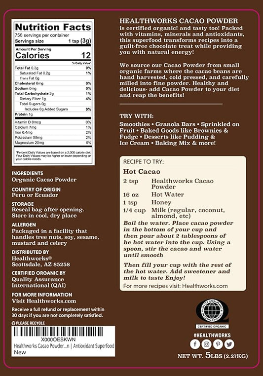 Healthworks Superfoods Organic Cacao Powder - 80 Oz / 5 Lb - Cocoa Chocolate Substitute - Rich Chocolate Flavour - Sugar-Free, Keto, Vegan & Non-GMO - Peruvian Bean/Nut Origin - Antioxidant Superfood - Packaging May Vary